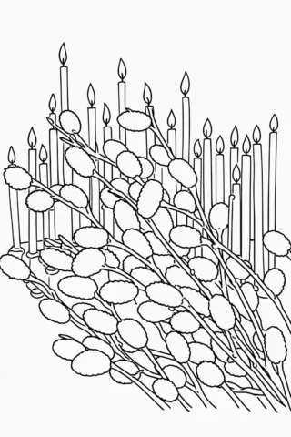 Розмальовки до свят: Вербна неділя зі свічками та вербою скачати та роздрукувати в форматі А4