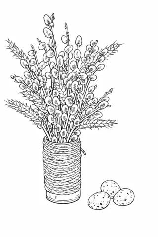 Розмальовки до свят: Вербна неділя з букетом верби та великодніми яйцями скачати та роздрукувати в форматі А4