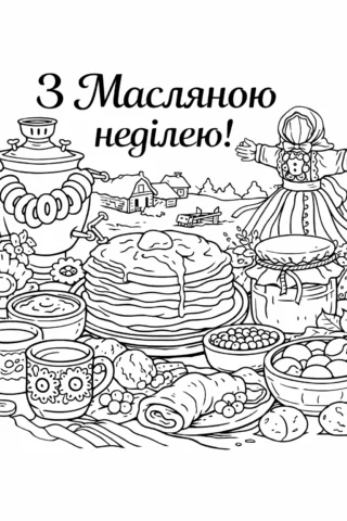 Розмальовки до свят: З Масляною неділею — святковий стіл з млинцями скачати та роздрукувати в форматі А4