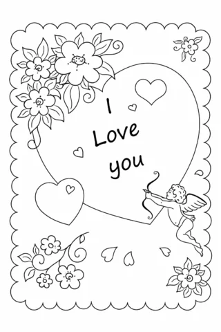 Розмальовки для дорослих: Валентинка з серцем та написом I Love You скачати та роздрукувати в форматі А4