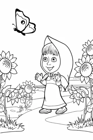 Розмальовки з персонажами із мультфільмів Маша ловить метелика скачати та роздрукувати в форматі А4