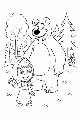 Розмальовки з персонажами із мультфільмів Маша і Ведмідь на лісовій галявині скачати та роздрукувати в форматі А4