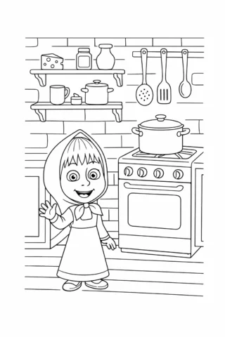 Розмальовки з персонажами із мультфільмів Маша на кухні скачати та роздрукувати в форматі А4