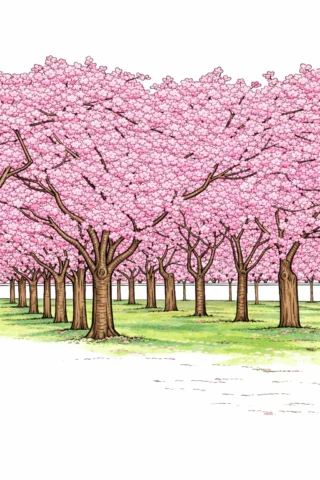 Малюнки пори року: Весняна алея сакури у цвіті скачати та роздрукувати в форматі А4