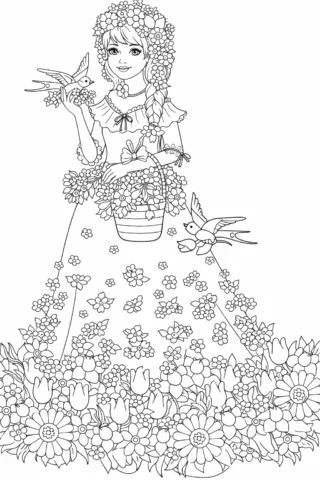 Розмальовки для дівчат: весняна дівчинка з квітами скачати та роздрукувати в форматі А4