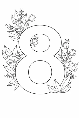 Розвиваючі розмальовки цифра 8 з квітами скачати та роздрукувати в форматі А4