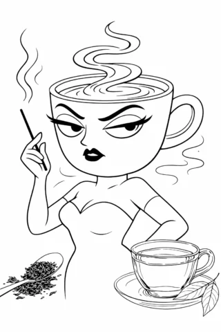 Розмальовки для дорослих: сеньйора капучино з чашкою чаю, скачати та роздрукувати в форматі А4