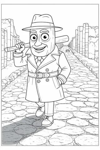 Розмальовки для дорослих: шпигун у плащі на стародавній дорозі, скачати та роздрукувати в форматі А4