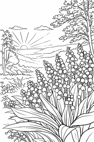 Розмальовки пори року: Конвалії навесні на світанку скачати та роздрукувати в форматі А4