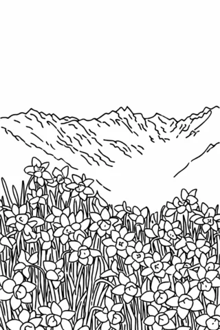 Розмальовки пори року: Весняні нарциси в горах скачати та роздрукувати в форматі А4