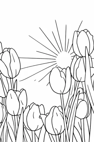 Розмальовки пори року: Весняні тюльпани та перші сонячні промені скачати та роздрукувати в форматі А4