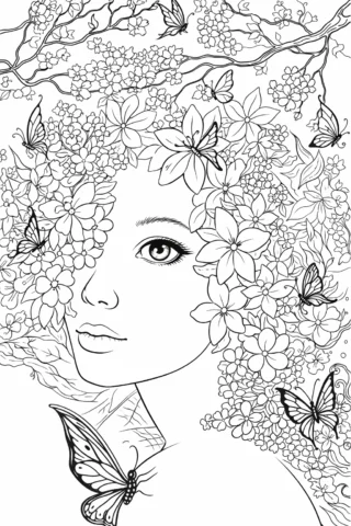 Розмальовки для дівчат: дівчина весни з квітами та метеликами скачати та роздрукувати в форматі А4