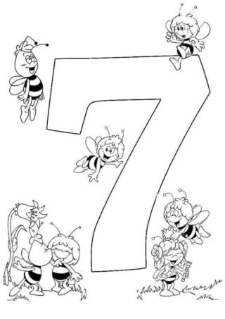 Розвиваючі розмальовки цифра 7 з веселими бджілками скачати та роздрукувати в форматі А4