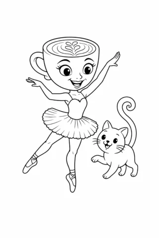 Розмальовка «Балерина-капучино та милий котик» скачати та роздрукувати в форматі А4