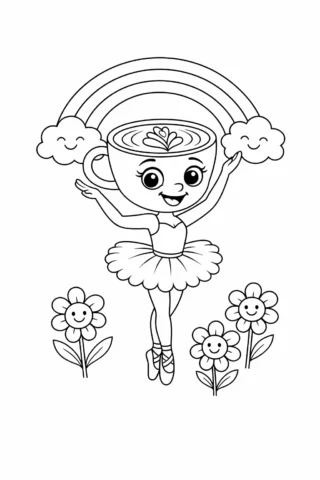 Розмальовка «Балерина-капучино та весела веселка з квітами» скачати та роздрукувати в форматі А4