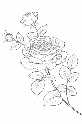 Розмальовка «Гілка троянд з бутонами та листям» скачати та роздрукувати в форматі А4
