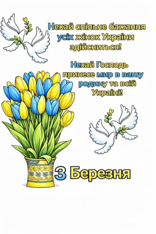 Розмальовки до свят: привітання жінкам України з букетом тюльпанів і голубами миру скачати та роздрукувати в форматі А4