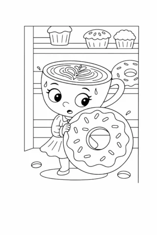 Розмальовка «Балерина-капучино з пончиком у кондитерській» скачати та роздрукувати в форматі А4