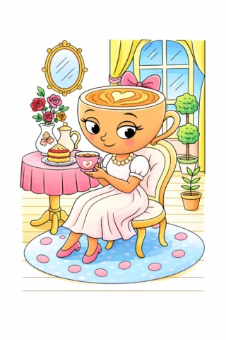 Малюнок «Балерина-капучино п’є чай у затишній кімнаті» скачати та роздрукувати в форматі А4