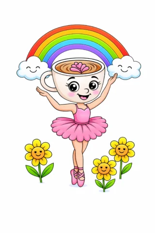 Малюнок «Балерина-капучино та весела веселка з квітами» скачати та роздрукувати в форматі А4
