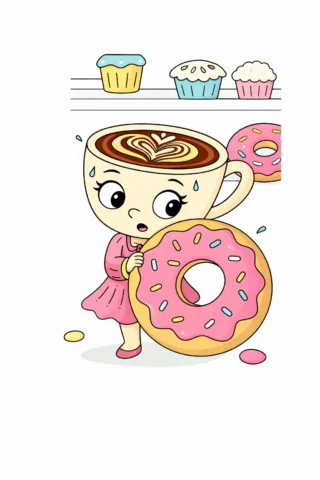 Малюнок «Балерина-капучино з пончиком у кондитерській» скачати та роздрукувати в форматі А4