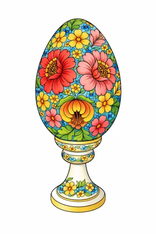 Малюнки до свят: декоративна великодня писанка на підставці з квітковим орнаментом скачати та роздрукувати в форматі А4