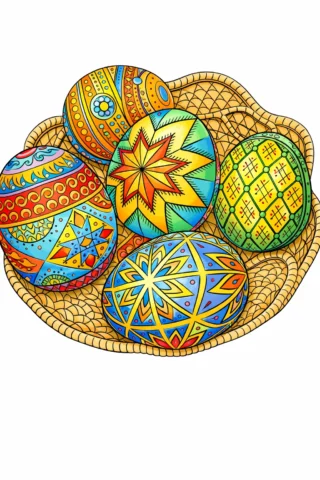 Малюнки до свят: кошик з великодніми писанками та орнаментами скачати та роздрукувати в форматі А4