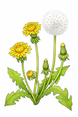Малюнок «Кульбаби з пухнастими кульками» скачати та роздрукувати в форматі А4