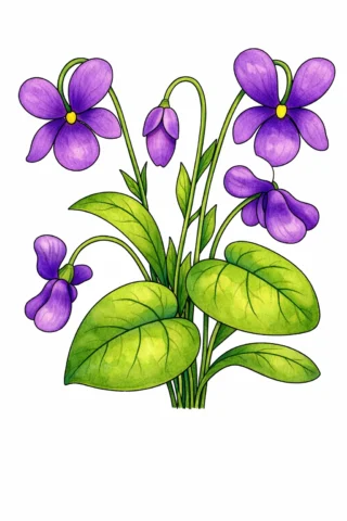 Малюнок «Ніжні фіалки з листям» скачати та роздрукувати в форматі А4
