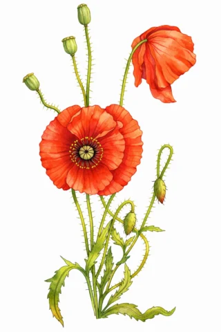 Малюнок «Польовий мак з бутонами» скачати та роздрукувати в форматі А4