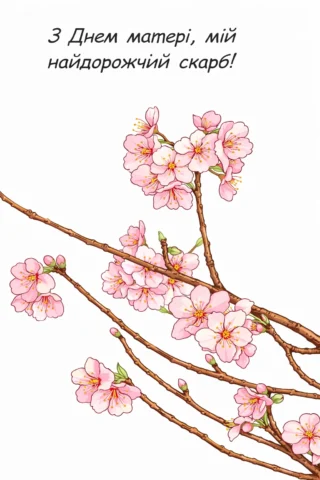 МАлюнок листівка «З Днем матері, мій найдорожчий скарб» з квітучою гілкою скачати та роздрукувати в форматі А4