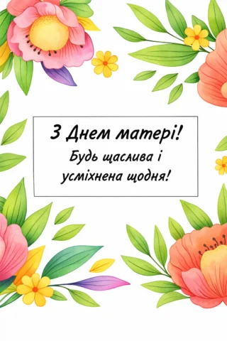 Розмальовка вітальна листівка «З Днем матері! Будь щаслива і усміхнена щодня» скачати та роздрукувати в форматі А4