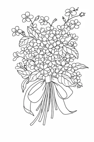 Розмальовки до свят: святковий букет польових квітів з бантом скачати та роздрукувати в форматі А4