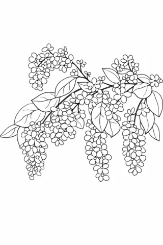 Розмальовка «Квітуча черемха з гілками» скачати та роздрукувати в форматі А4