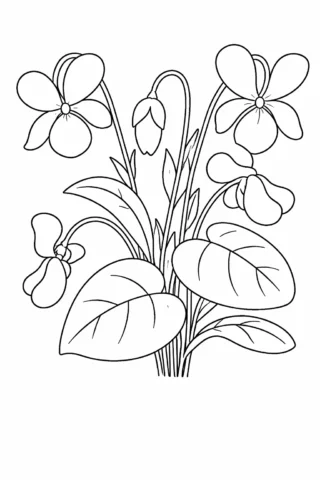 Розмальовка «Ніжні фіалки з листям» скачати та роздрукувати в форматі А4