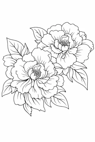 Розмальовка «Пишні квіти півонії з листям» скачати та роздрукувати в форматі А4