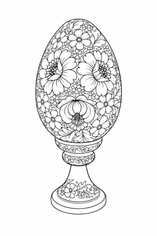 Розмальовки до свят: декоративна великодня писанка на підставці з квітковим орнаментом скачати та роздрукувати в форматі А4