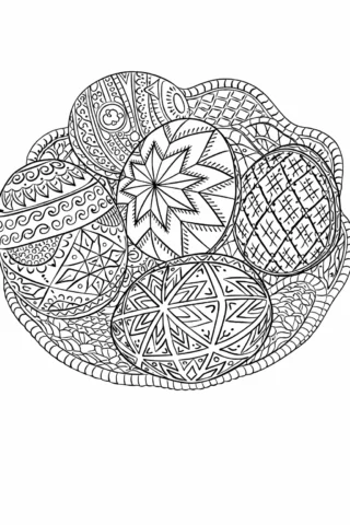 Розмальовки до свят: кошик з великодніми писанками та орнаментами скачати та роздрукувати в форматі А4