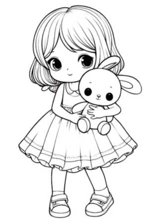 Розмальовка «Мила дівчинка з зайчиком» скачати та роздрукувати в форматі А4