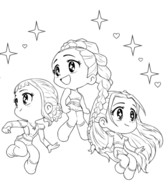 Розмальовка «Чібі подружки в небі» скачати та роздрукувати в форматі А4