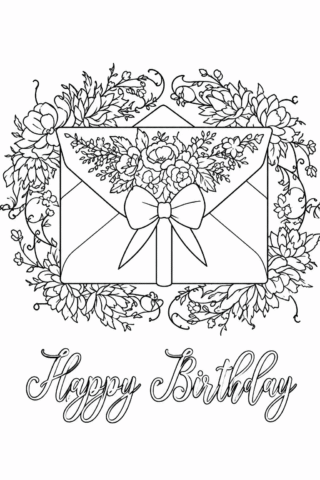 Розмальовка «Листівка з днем народження з квітами» скачати та роздрукувати в форматі А4