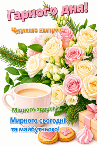 Малюнок «Гарного дня! Квіти, кава та побажання здоров’я» скачати та роздрукувати в форматі А4