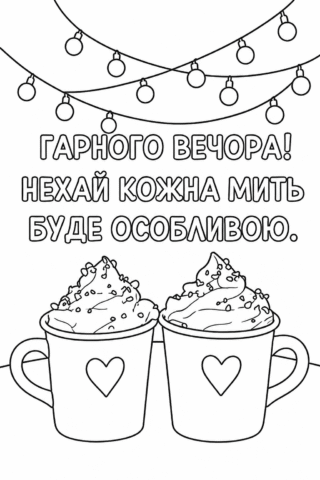 Розмальовка «Гарного вечора! Затишні чашки та теплі побажання» скачати та роздрукувати в форматі А4