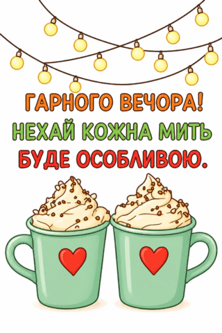 Малюнок «Гарного вечора! Затишні чашки та теплі побажання» скачати та роздрукувати в форматі А4
