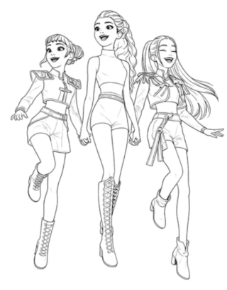 Розмальовка «Три подруги співають та танцюють» скачати та роздрукувати в форматі А4