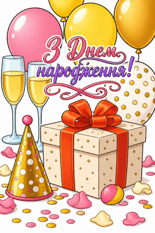 Малюнок «Святкова листівка з подарунком і кульками» скачати та роздрукувати в форматі А4