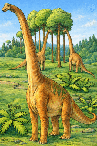 Розмальовка «Брахіозавр у доісторичному лісі» скачати та роздрукувати в форматі А4