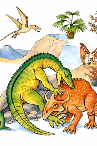 Малюнок «Битва динозаврів у доісторичному світі» скачати та роздрукувати в форматі А4