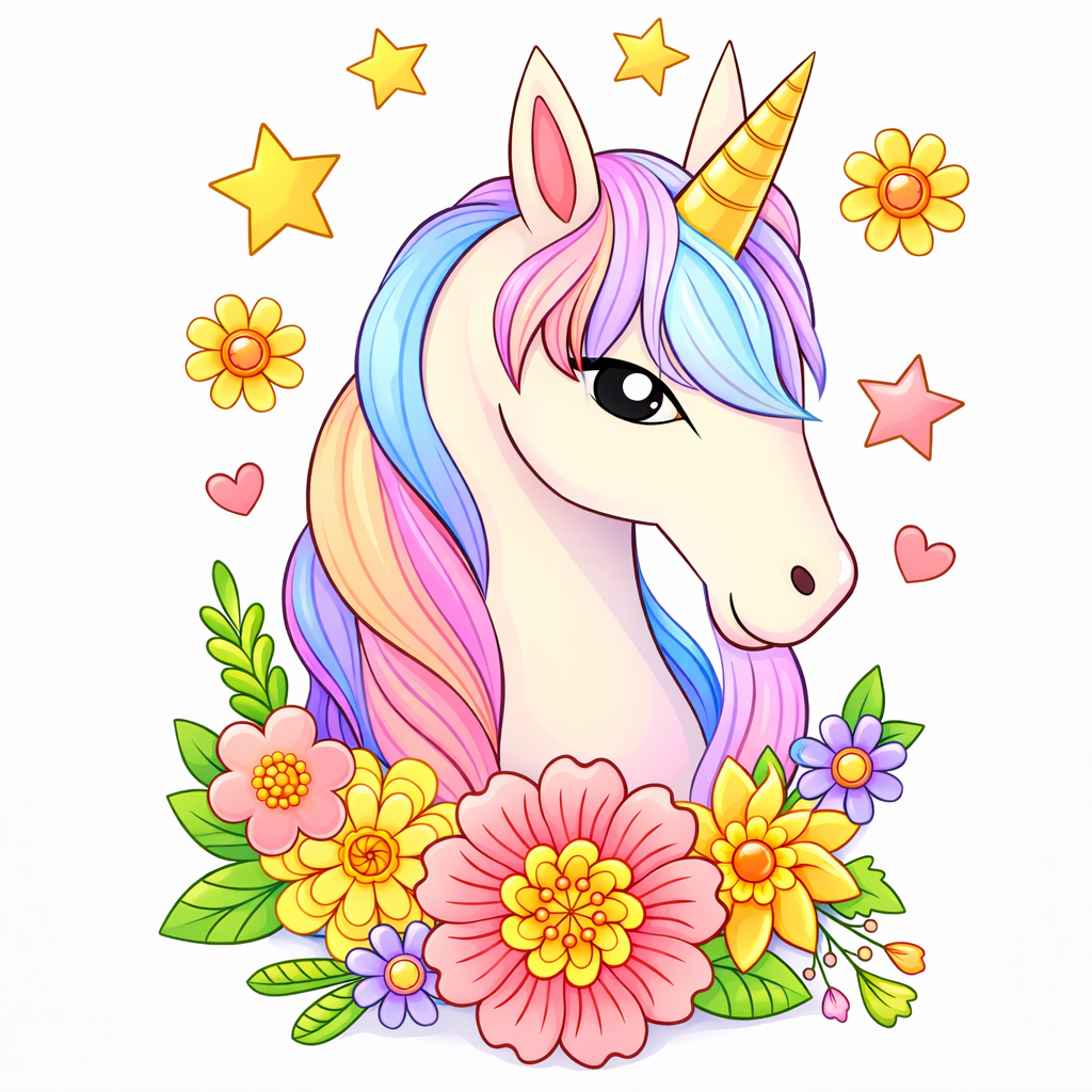 Малюнок «Чарівний єдиноріг серед квітів» скачати та роздрукувати в форматі А4