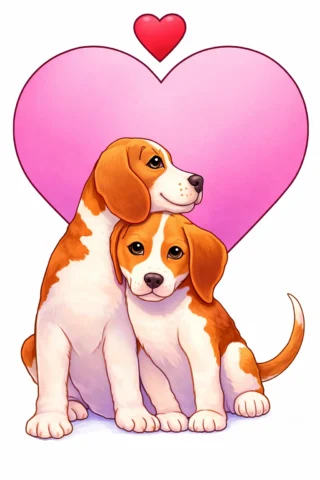 Малюнок «Два цуценята в обіймах серця» скачати та роздрукувати в форматі А4